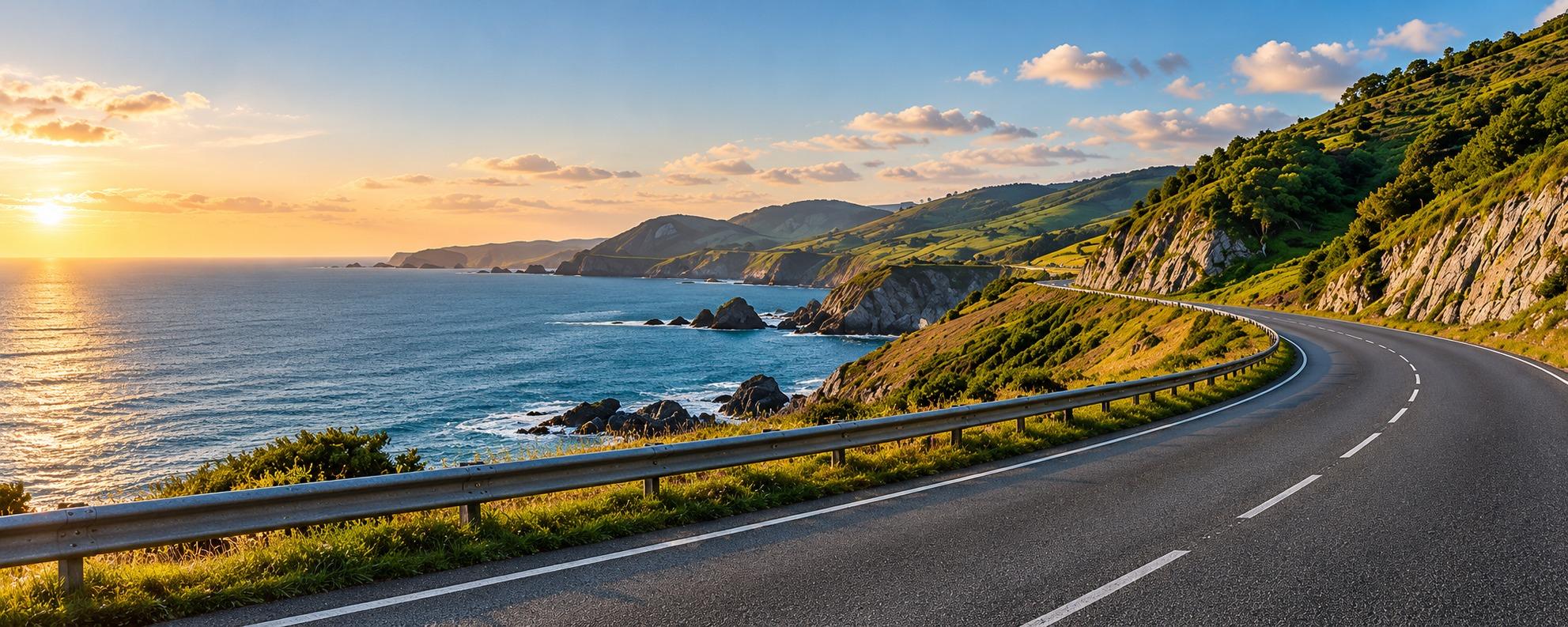 A winding coastal road at sunset